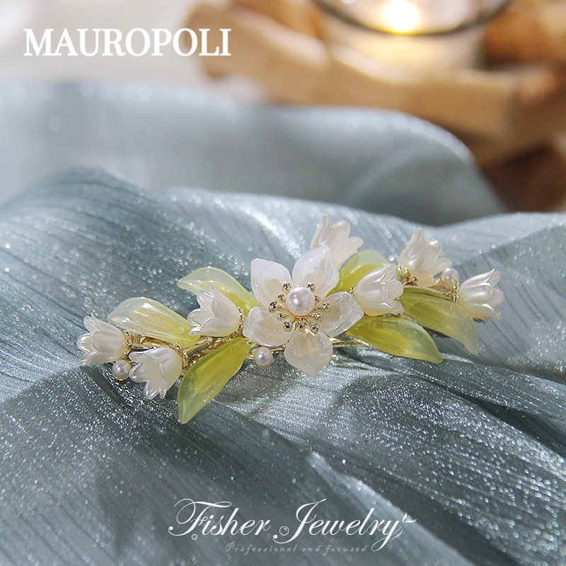 Mauropoli [Sẵn sàng] Đẹp ~ Mũ nón Kẹp tóc hợp kim cao cấp Kẹp tóc trên cùng Kẹp tóc đuôi ngựa Lily of the Valley Kẹp lò xo sang trọng Kẹp tóc đầu sau
