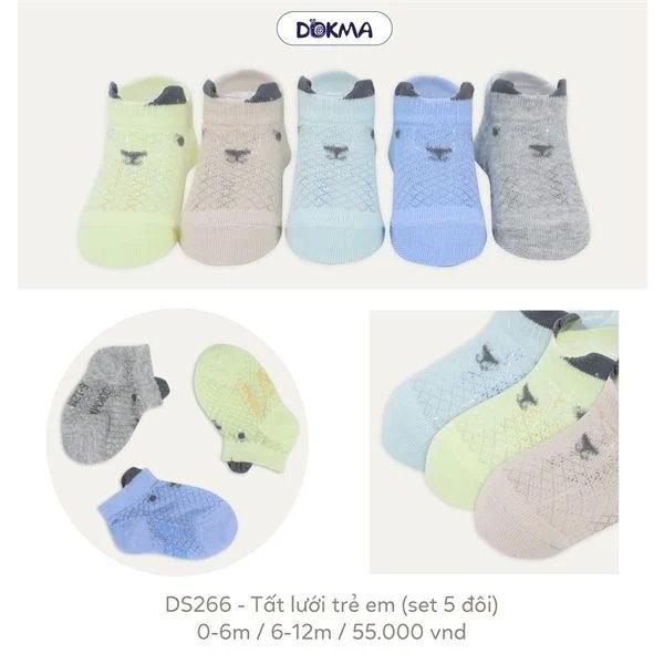 (1-12M) Set 5 Đôi Tất Lưới Cổ Thấp Bé Trai, Bé Gái Dokma Mã DS266, DS581