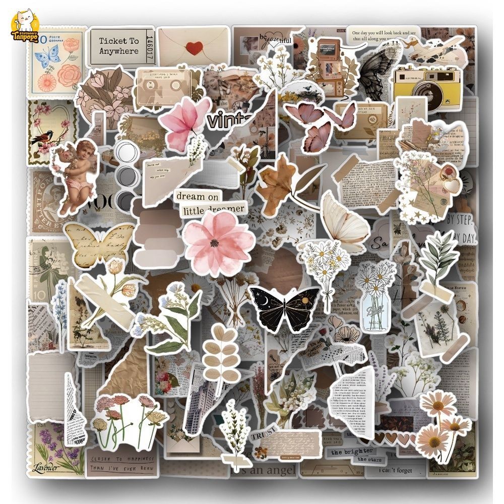 Set 10/20/50 cái sticker chống nước THẾ GIỚI CỔ ĐIỂN HOA LÁ THƯ CŨ NÂU ...