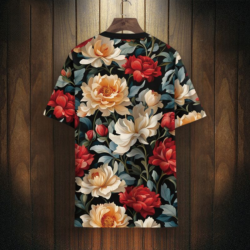 Áo thun tay ngắn họa tiết hoa cho nam, áo thun cổ tròn tay ngắn mùa hè mới oversized