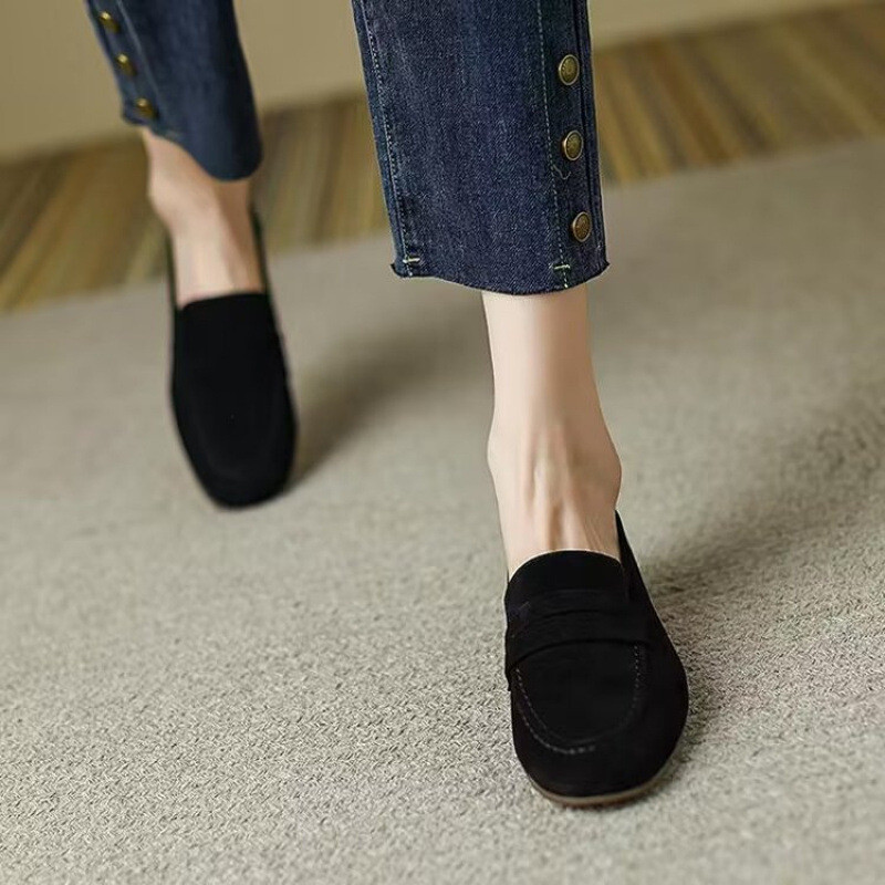 Mùa Xuân Pháp Thu Phong Cách Mới Retro Nữ Giày Mũi Tròn Mờ Da Mềm Slip-On Giày Da Nhỏ Giày Đơn Nữ