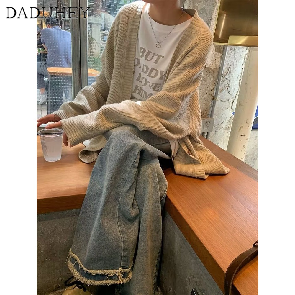 Ảnh DaDuHey New American Ins High Street Retro Raw Edge Jeans Niche High Waist Loose Wide Leg Pants plus Size Trousers 4