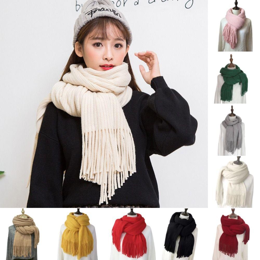 TRACEILLOIAN Khăn choàng Cashmere mùa đông, Khăn quàng cổ màu trơn dài tua rua ấm áp, Khăn quàng cổ dệt kim dày thanh lịch thời trang nữ