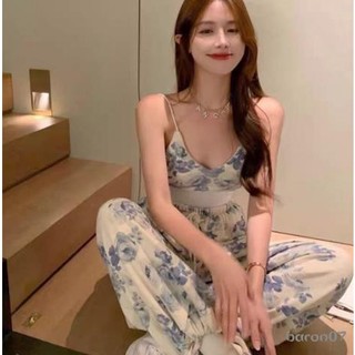 Phụ Nữ 2 Miếng Trang Phục Tính Khí In Hoa Cổ Chữ V Spaghetti Dây Đeo Camisole + Dây Rút Co Giãn Eo Quần Dài Bộ