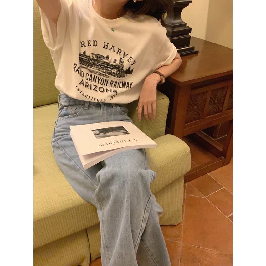 Áo Thun Cotton Tay Ngắn Cổ Tròn Dáng Rộng In Họa Tiết Đơn Giản Phong Cách Hàn Quốc Thời Trang Cho Nữ