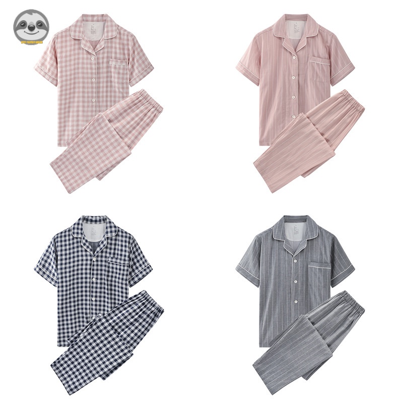 Bộ Đồ Ngủ Cotton Tay Ngắn Phong Cách Muji Nhật Bản / Quần Dài Dáng Rộng / Bộ Đồ Pajamas Kẻ Sọc Caro Hai Lớp Đơn Giản Dành Cho Cặp Đôi