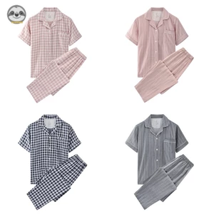 Bộ Đồ Ngủ Cotton Tay Ngắn Phong Cách Muji Nhật Bản / Quần Dài Dáng Rộng / Bộ Đồ Pajamas Kẻ Sọc Caro Hai Lớp Đơn Giản Dành Cho Cặp Đôi