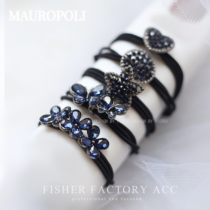 Mauropoli [Hàng Có Sẵn] Dây Buộc Tóc Đuôi Ngựa Đính Đá Mực Xanh Lam Chất Liệu Cao Su Co Giãn Siêu Bền