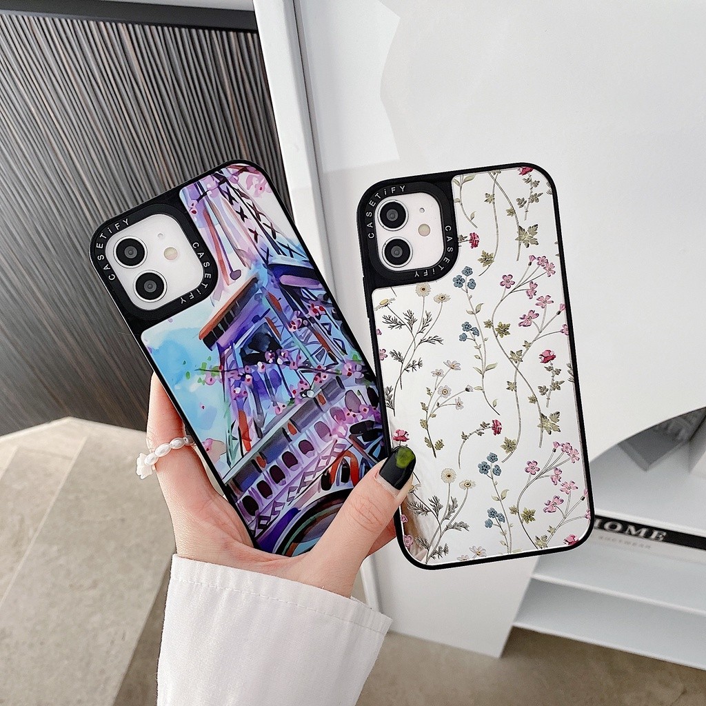 Ins Tranh Màu Nước Tháp Paris Flore Cây Hoa Gương Vỏ Cứng Tương Thích Cho iPhone 16 Pro Max Plus 15 / 14 / 13 / 12 / 11 / X / XS / XR / SE / 8 / 7 / 6
