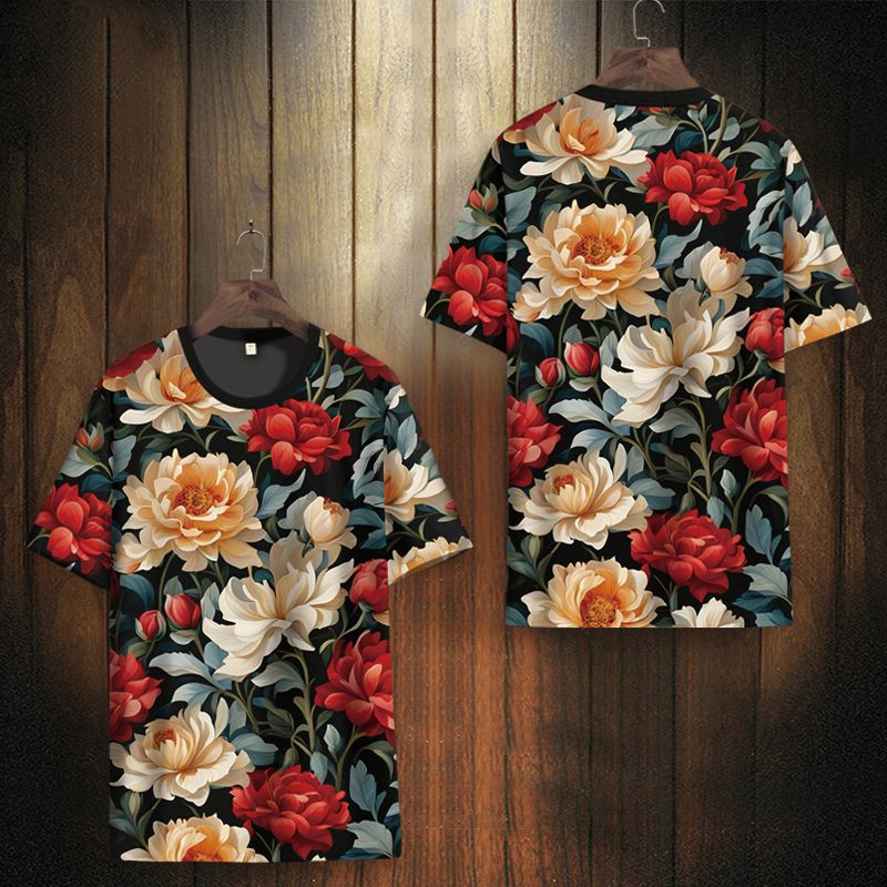 Áo thun tay ngắn họa tiết hoa cho nam, áo thun cổ tròn tay ngắn mùa hè mới oversized