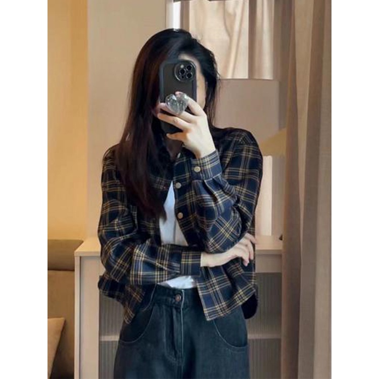 Suxi Phong Cách Hàn Quốc Retro Kẻ Sọc Cổ Áo Sơ Mi Dài Tay Nữ Áo Sơ Mi Ngắn