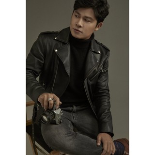 Áo khoác da nam, áo da thật cao cấp Fttleather Biker Jacket Da Dê Khóa Trắng - AD302D