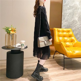 Đầm Dệt Kim Phối Ren Màu Trơn Dáng Dài Qua Gối Phong Cách Hàn Quốc Thời Trang Thu Đông Cho Nữ