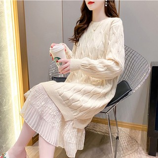 Đầm Dệt Kim Phối Ren Màu Trơn Dáng Dài Qua Gối Phong Cách Hàn Quốc Thời Trang Thu Đông Cho Nữ