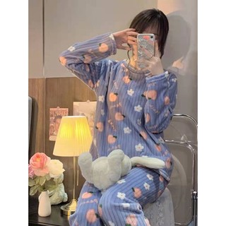2025 Thu Đông Phong Cách Mới San Hô Lông Cừu Flannel Ấm Áp Homewear Dễ Thương Bộ Đồ Ngủ Thời Trang Rời Phù Hợp Với Nữ