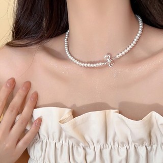 Dây Chuyền Mặt Nơ Kim Loại Đính Ngọc Trai Phong Cách retro