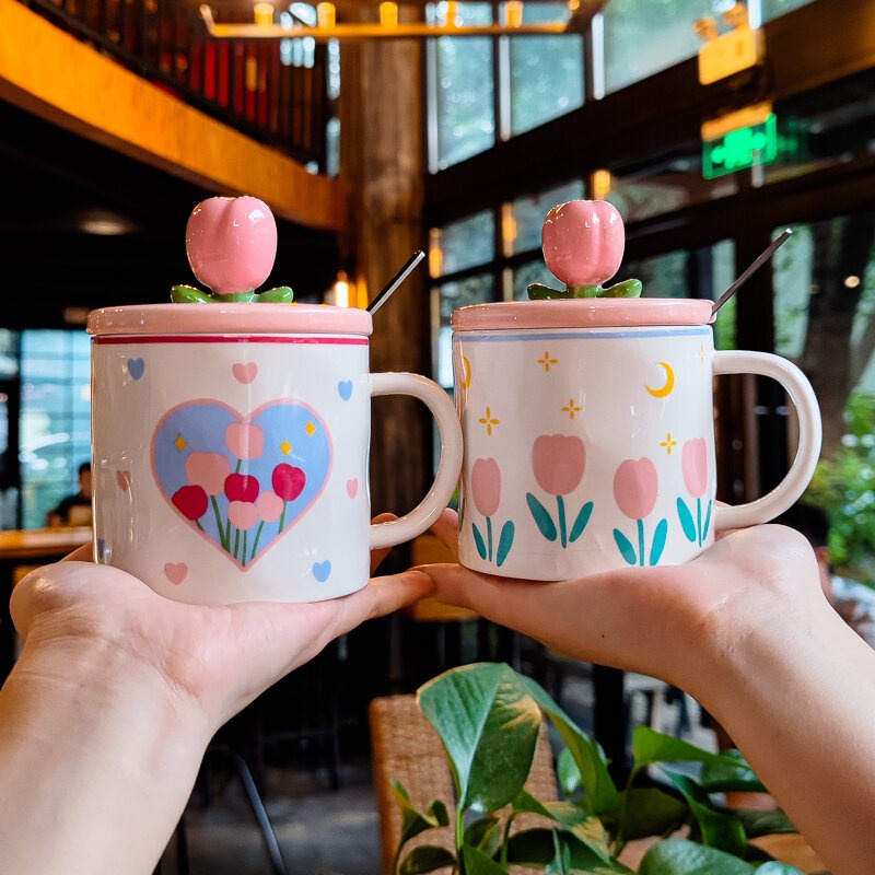 Ly Sứ Cà Phê Văn Phòng Hình Bông Hoa Tulip - Cốc Uống Nước Gốm Sứ Có Muỗng Nắp Xinh Xắn