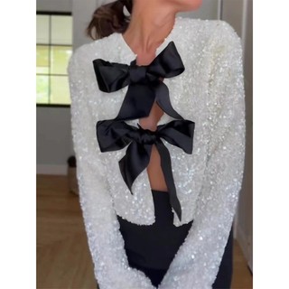 Vipdeal1 Nữ Lấp Lánh Sequins Áo Khoác Ren Nơ Mở Mặt Trước Đảng Shrug Cardigan Top