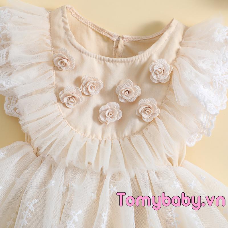 Bé Gái Áo Liền Quần Bay Tay Cổ Tròn Hoa Ren Vải tuyn Chắp Vá Chữ A Cho Trẻ Sơ Sinh