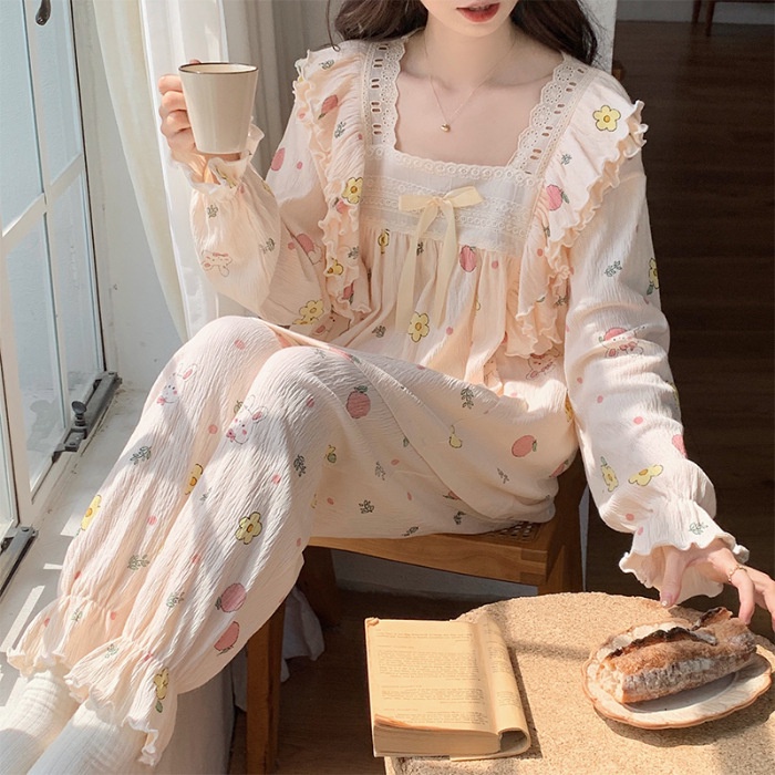 Bộ Đồ Ngủ Tay Dài Phối Ren Dễ Thương Cho Nữ