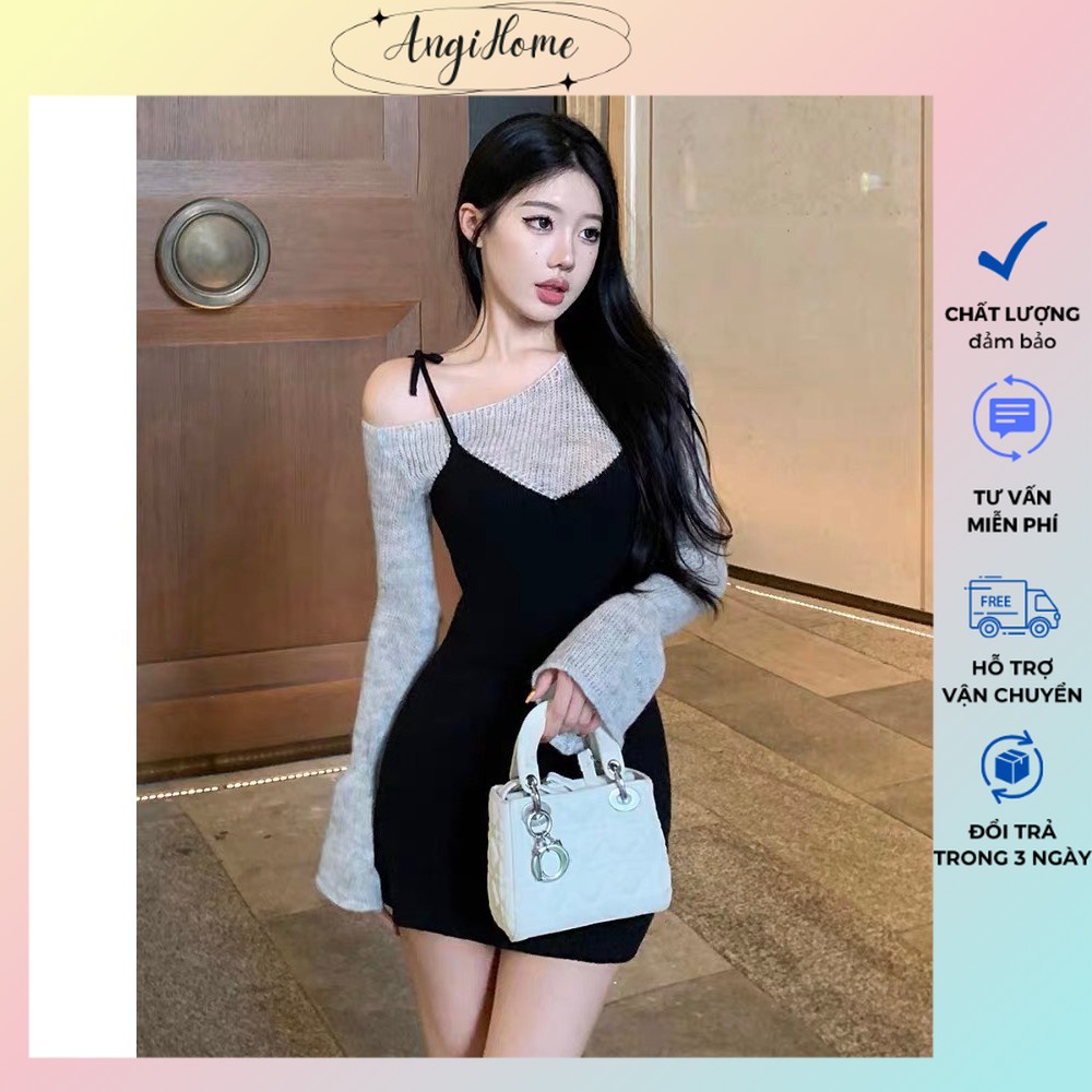 SET ĐẦM XÁM BẸT CUỐN BIÊN GÂN TĂM TAY LOE BODY SUÔNG + ĐẦM YẾM CỘT DÂY 1 BÊN ANGIHOME