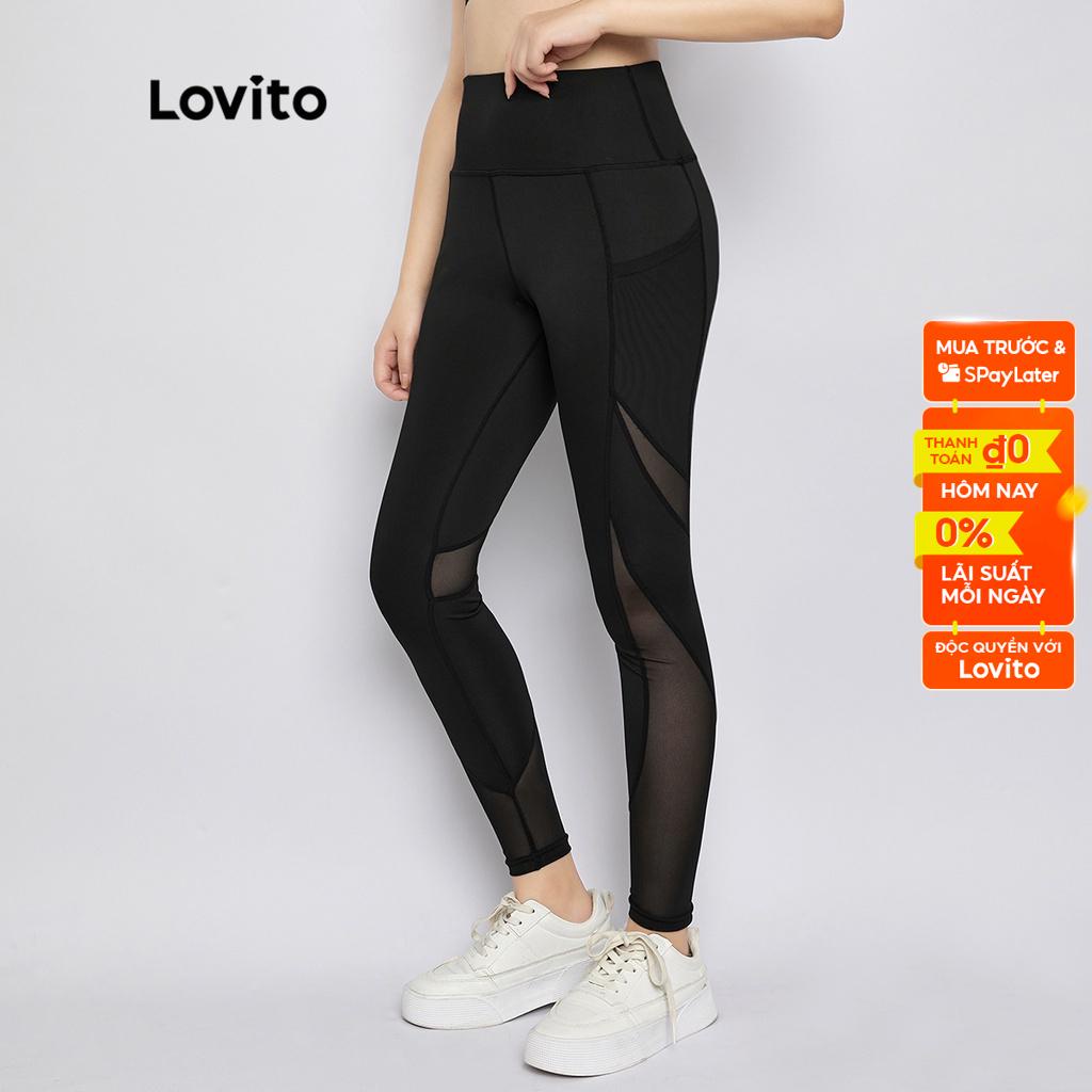 Legging Quần thể thao nữ Lovito Nâng mông Đào tạo giảm béo Yoga Lưới tương phản chống nếp nhăn L34AD024 Đen spe