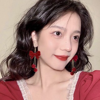 Bông Tai Dáng Dài Đính Nơ Phối Tua Rua Phong Cách Pháp Cổ Điển Sang Trọng