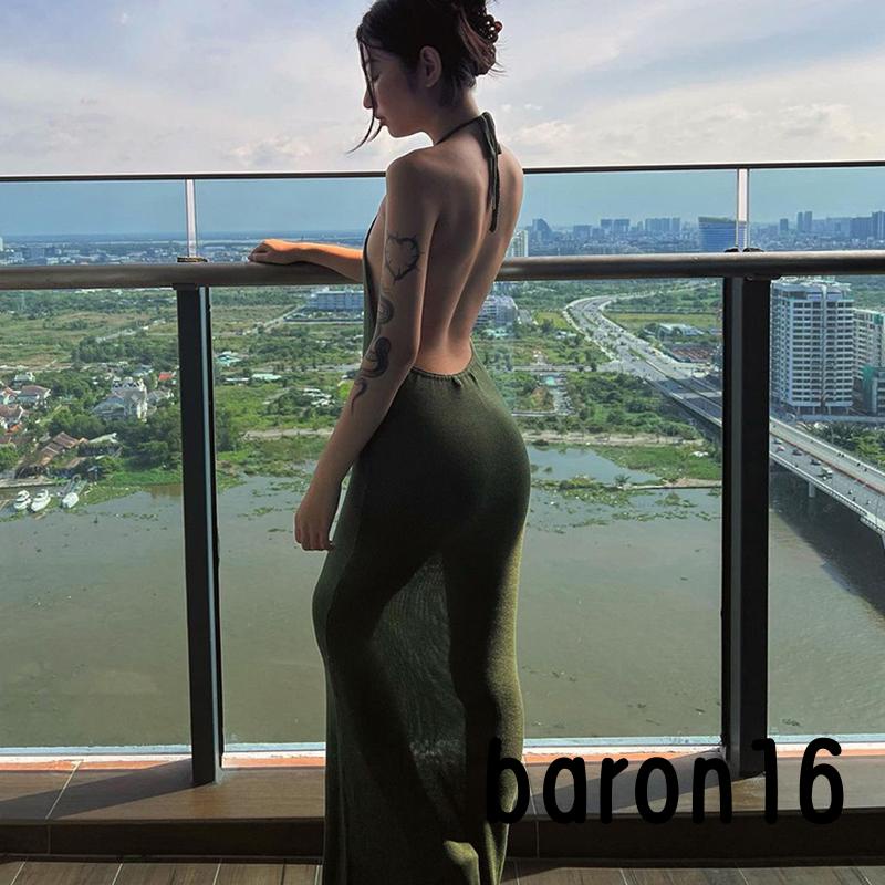 Đầm Không Tay Cổ Yếm Xẻ Sâu Màu Trơn Quyến Rũ Cho Nữ