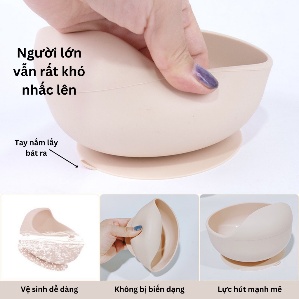 [Có sẵn] Bát ăn dặm cho bé bằng silicon có đế hít chống đổ (không thìa, muỗng), chịu nhiệt, Bát chống dính