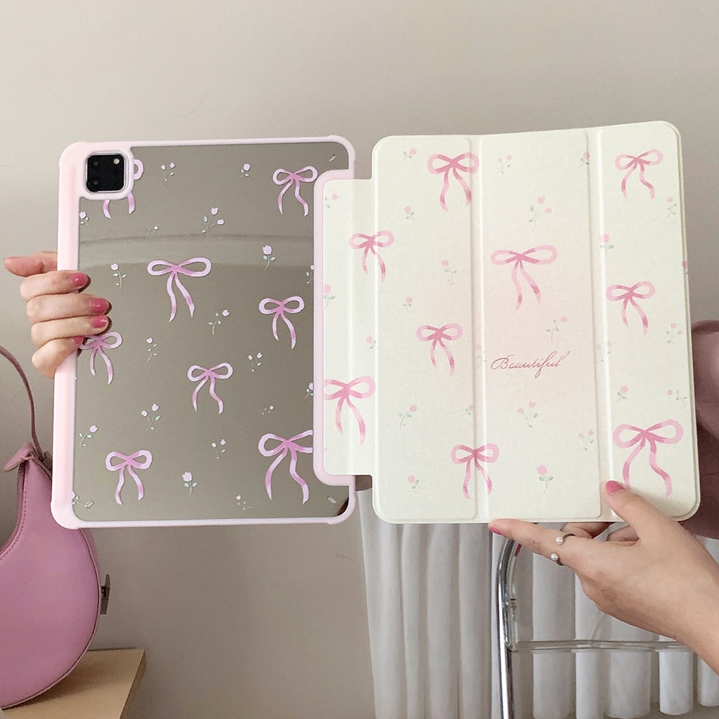 Vỏ Gương Acrylic Cứng Tương Thích Với IPad Mini6 IPad5 6 7 8 9 Air11 Air13 Air2 Air3 Air4 Air5 10.9 "Pro10.5 Pro11 Pro13 2024 Pro12.9 2018Bow And Flowers Pattern Leather Cover
