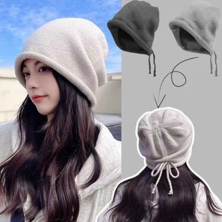 Mũ Len Dây Rút Màu Trơn Bảo Vệ Tai Có Thể Điều Chỉnh Giữ Ấm Mùa Thu Đông Đường Phố Cho Nam Và Nữ - Mũ Len Dây Rút
