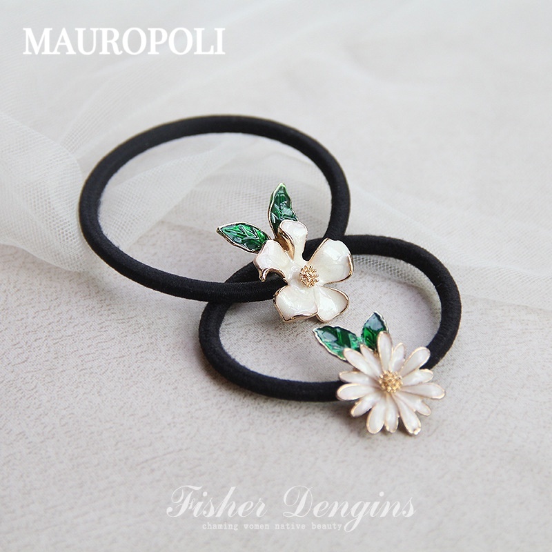 Mauropoli [Sẵn sàng] Phong cách mới Dầu nhỏ giọt Hợp kim hoa Dây cao su Dây buộc tóc Mũ đội đầu Dây buộc tóc đuôi ngựa tươi thời trang Dây buộc tóc đầu đàn hồi
