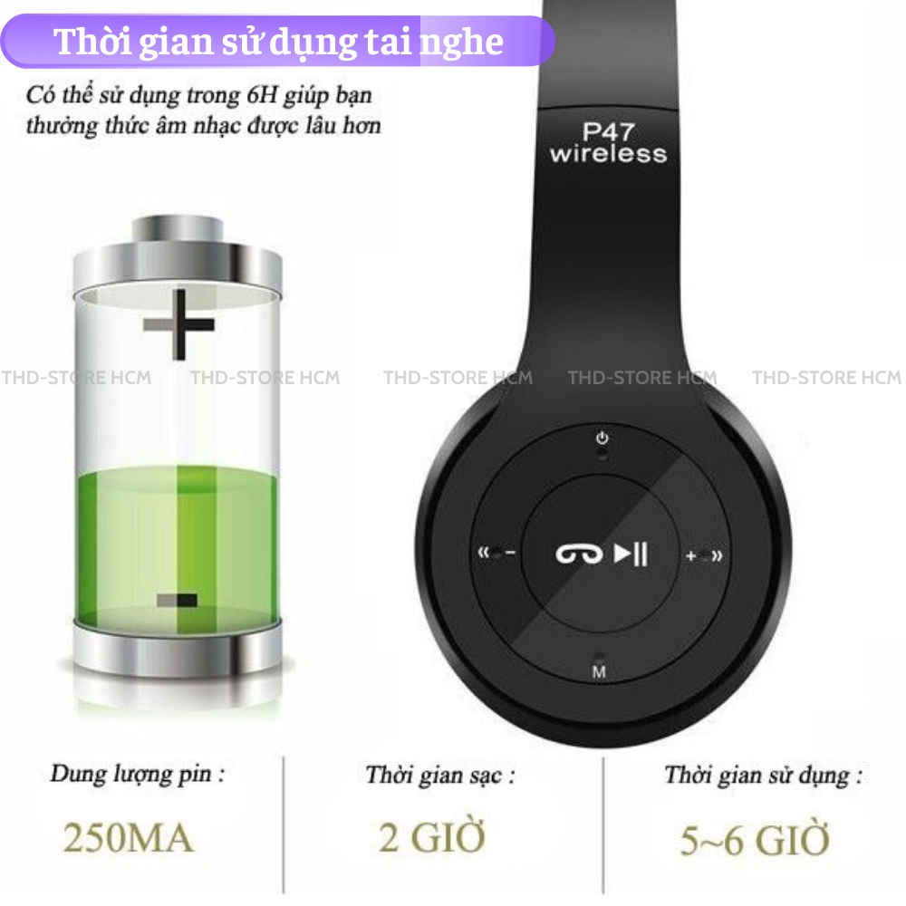 Tai Nghe Bluetooth P47 Chụp Tai Có Mic Hỗ Trợ Thẻ Nhớ Âm Bass Nghe Nhạc Cực Hay Lọc Âm Chống Ồn