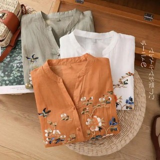 Chất Lượng Cao Retro Mỏng Thêu Áo Sơ Mi Nữ Mùa Hè Organza Giữa Tay Cổ Chữ V Tính Khí Hàng Đầu