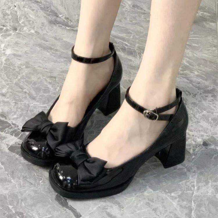 Giày cao gót một dây mũi tròn phong cách Anh, PU nơ, thời trang thanh lịch, giày lười tăng chiều cao chống trượt cho phụ nữ, giá bán buôn tại nhà máy
