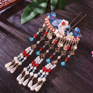 Phụ kiện Hanfu phong cách cổ điển, vương miện xanh cháy đa năng, kẹp tóc ngọc trai tua dài, kẹp tóc Jinglan 2.11 5QO7