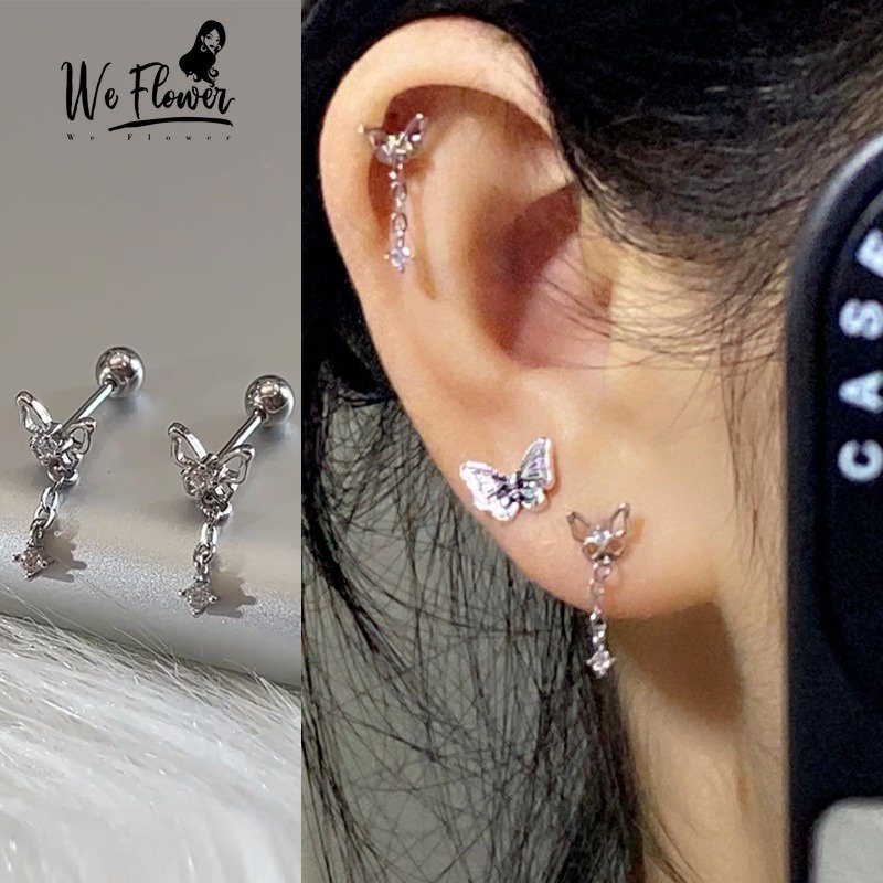 WeFlower Bông Tai Mạ Bạc 925 Dáng Dài Hình Bướm Rỗng Không Gây Dị Ứng Phong Cách Hàn Quốc Cho Nữ