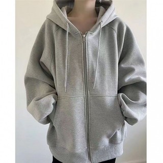 Áo khóa nỉ hoodie dày màu xám form rộng
