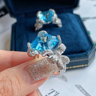 ♥ Nhẫn nữ Aquamarine Topaz Bow Full Diamond Ring