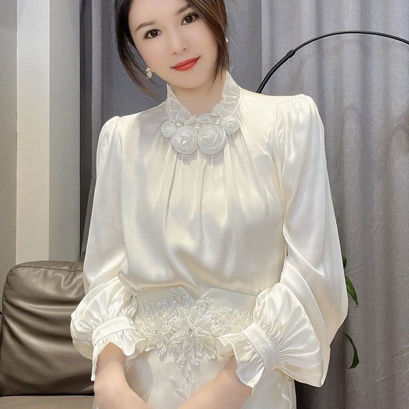 Áo Kiểu Ba Chiều Bằng Vải Satin Họa Tiết Hoa Thanh Lịch Dễ Phối Đồ