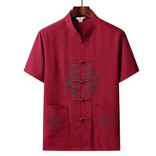 Áo sơ mi nam có sẵn Sườn xám Tết Nguyên Đán CNY Bộ đồ đường ngắn tay hanfu nam Baju Raya Lelaki zh-cn