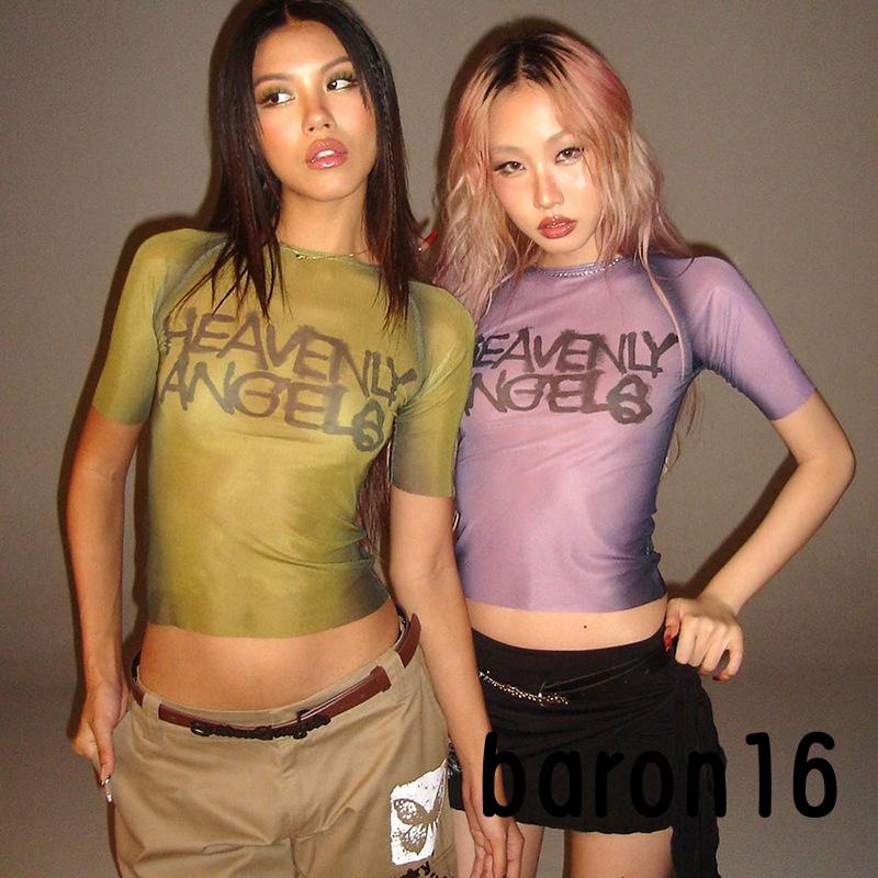 Áo Crop top nữ tay ngắn cổ tròn in chữ áo thun lưới cropwear dạo phố