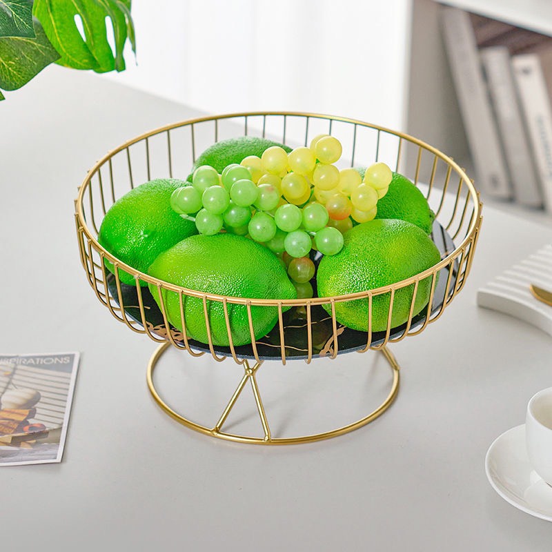 Khay Đựng Trái Cây Để Bàn Khung Sắt Mạ Vàng – Mặt Kính Vân Đá Cẩm Thạch Decor Bàn Bếp, Phòng Khách