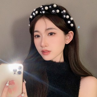 Băng Đô Nhung Bản Rộng Đính Hạt Ngọc Trai Thủ Công Phong Cách Âu Mỹ Kiểu Mới
