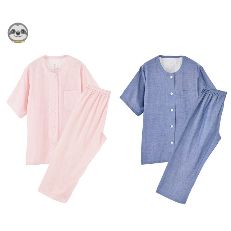 Bộ Đồ Ngủ Cotton Mỏng Mềm Mại / Tay Ngắn Hai Lớp / Kẻ Sọc Không Đường May Phong Cách Muji Nhật Bản Cho Nữ