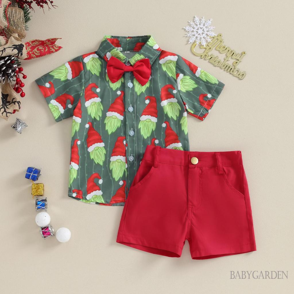 Baga- Bộ Đồ 2 Món Áo Sơ Mi In Họa Tiết Ông Già Noel + Quần Ngắn Cho Bé Trai 6 Tháng-4 Tuổi