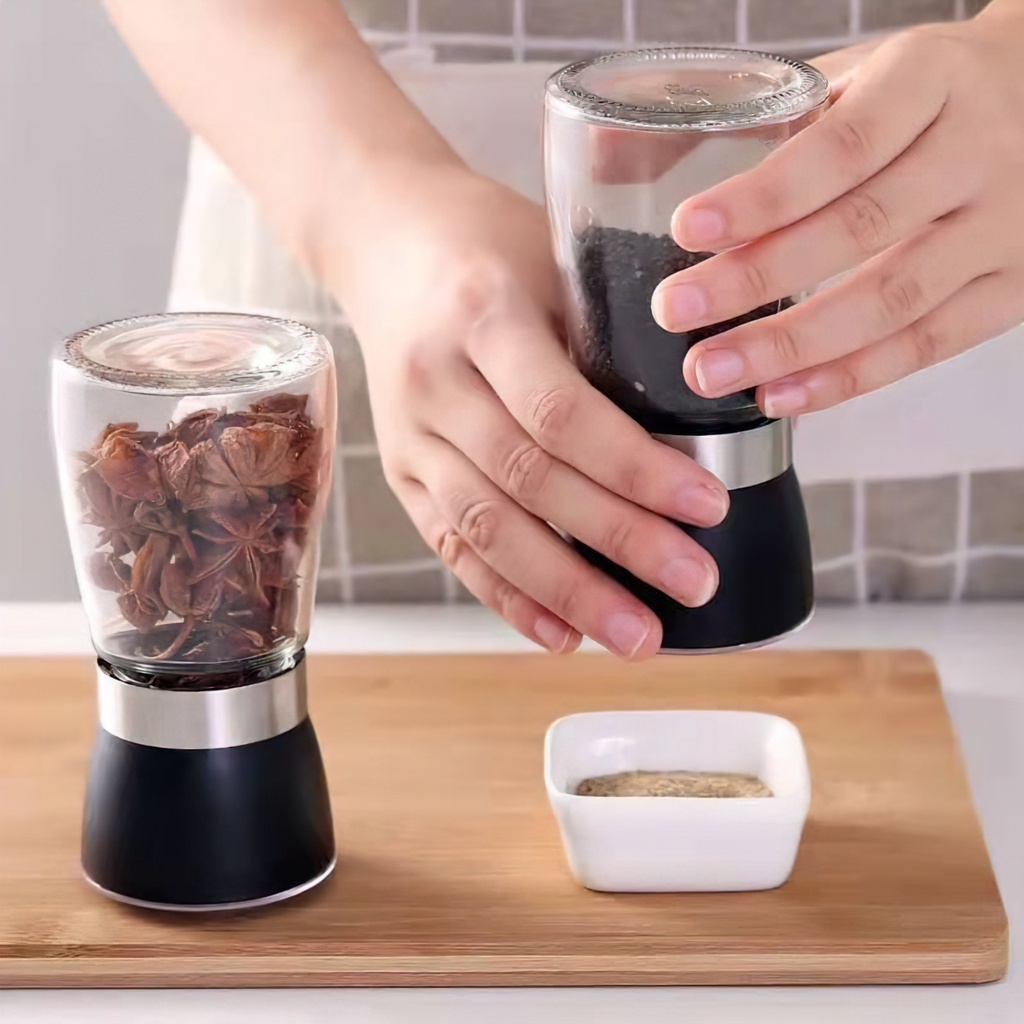 Giá sỉ - Dụng cụ xay tiêu cầm tay, Lọ xay tiêu cầm tay bình thủy tinh nắp viền - FETA