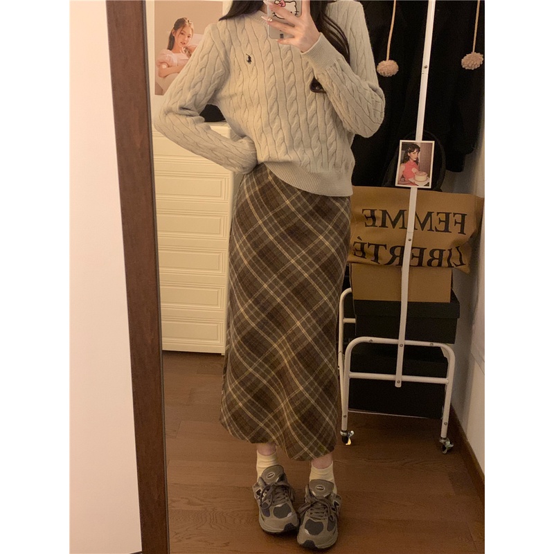 Suxi Vintage Họa Tiết Kẻ Sọc Phong Cách Hàn Quốc Thu Đông Đa Năng Cao Cấp Váy Chữ A Nữ