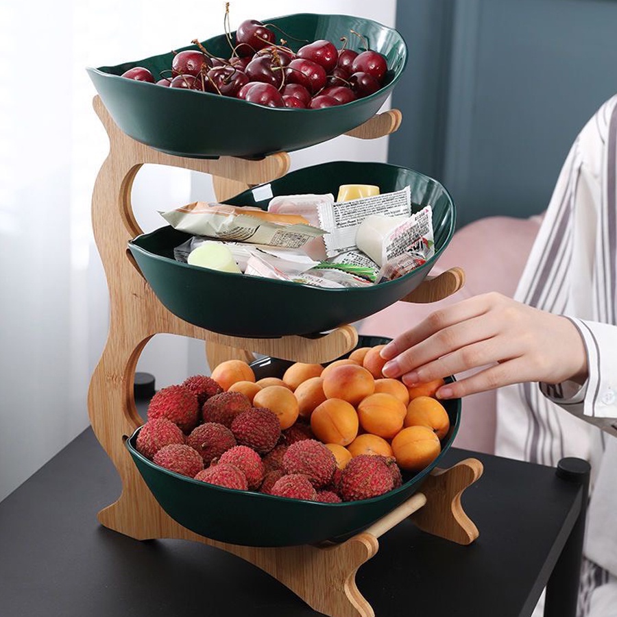 Đĩa Trái Cây Trưng Bày Nhiều Tầng Kèm Kệ Gỗ Sang Trọng - Khay Đựng Bánh Kẹo Đồ Ăn Ngày Tết Phong Cách Bắc Âu