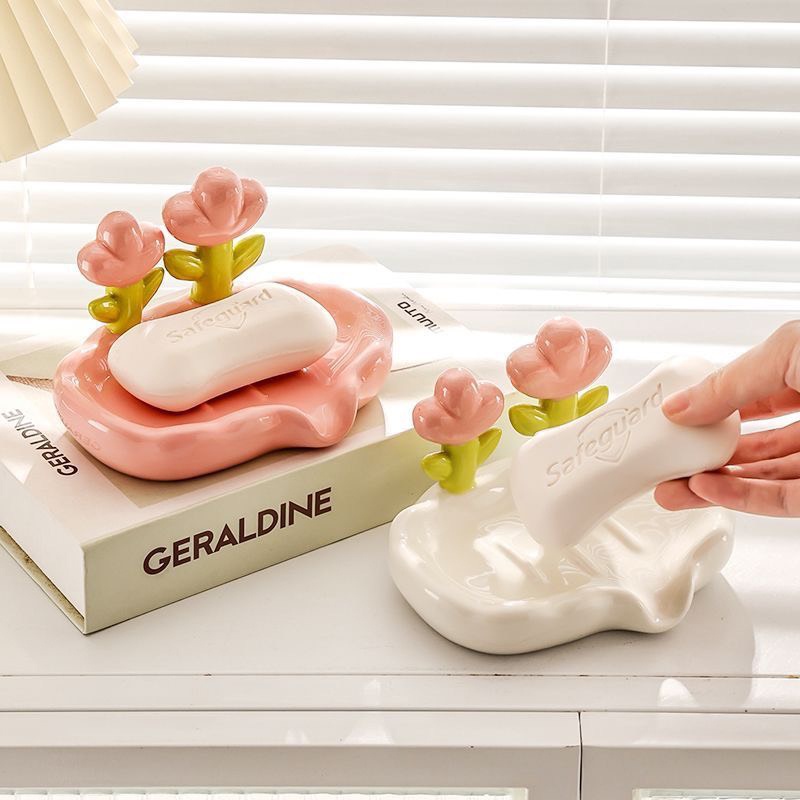 Khay Đựng Xà Phòng Không Tích Nước Bằng Gốm Sứ Hoạ Tiết Hoa Tulip Để Nhà Tắm